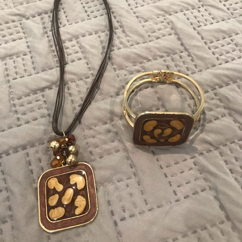 Earth-tone bangle cuff bracelet and necklace
